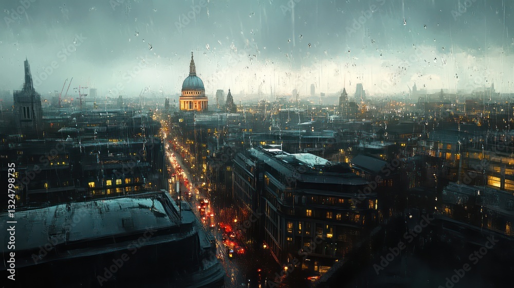 Obraz premium An atmospheric cityscape with buildings and a cloudy rainy sky