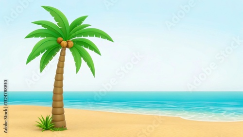 A cartoon palm tree stands on a sandy beach, beside a calm, turquoise ocean under a clear sky, creating a serene tropical scene.