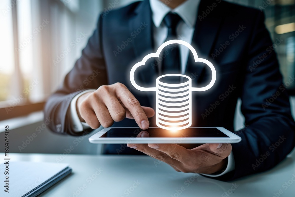 Fototapeta premium Businessman using tablet, accessing cloud storage database, online server data management.