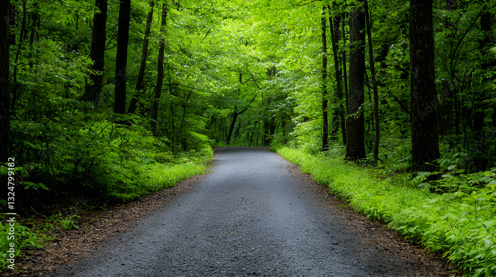 Obraz premium Lush Green Forest Path Leading Into Light With Tall Trees Surrounding Roadway And Sunlit Canopy