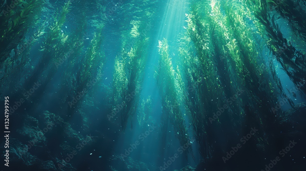 Naklejka premium A serene underwater scene with shafts of light filtering through green seaweed, creating a tranquil and mystical atmosphere.