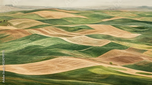 Green and brown rolling hills depict a cultivated agricultural landscape