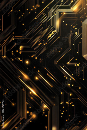 Abstract gold circuit board pattern with glowing lines and dots on black background