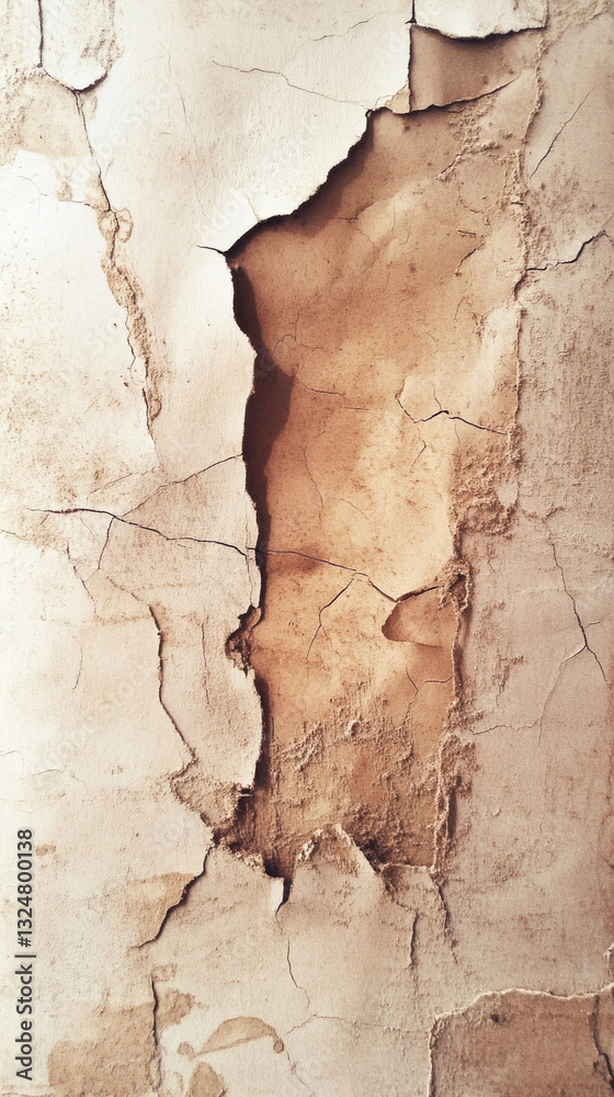 Naklejka premium Cracked beige wall with peeling textured plaster