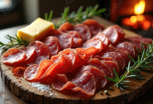 vibrant contrast raw meats spices showcasing rich colors textures, abundance, aroma, artisanal, appealing, arrangement, balance, blend, butchery