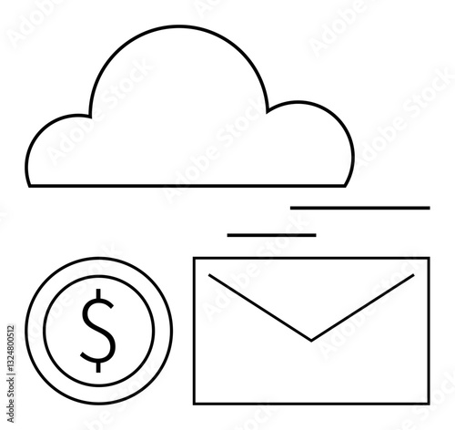 Cloud above envelope and dollar coin, symbolizing digital storage, online transactions, e-commerce, data exchange, and financial communication. Ideal for finance, business, cloud services e-mails