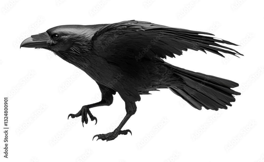 Fototapeta premium Detailed close-up of a black raven in flight with outstretched wings against black background, cut out