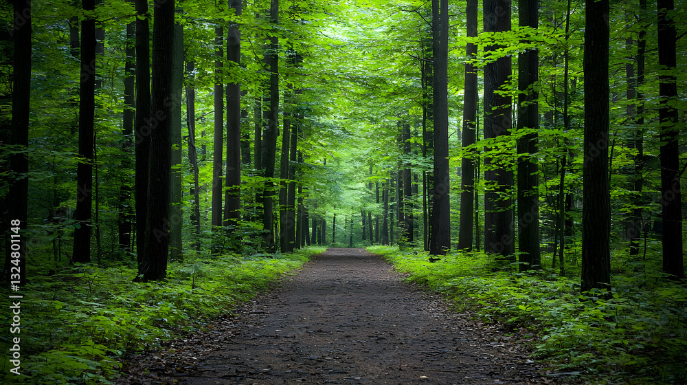 Fototapeta premium Green Forest Path Leading Through Tall Trees with Sunlight and Leafy Ground