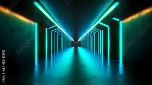 Glowing green and blue lights flowing through a dark space, futuristic atmosphere, blue light, ambient lighting. Ambient Fluorescence. Illustration