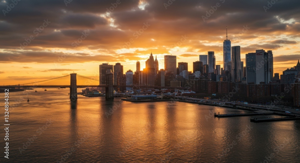 Fototapeta premium Dazzling reflections of the city lights blend with the colors of the sunset on the waterfront.