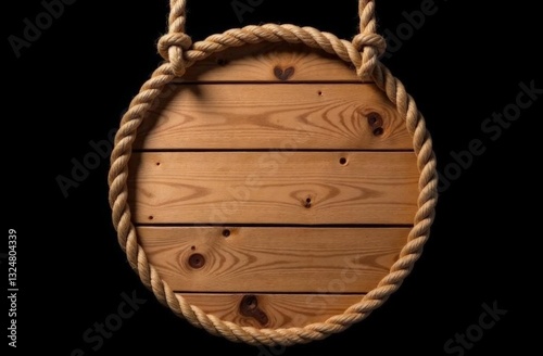 A rustic wooden circular sign of horizontal planks, with a thick rope with knots 