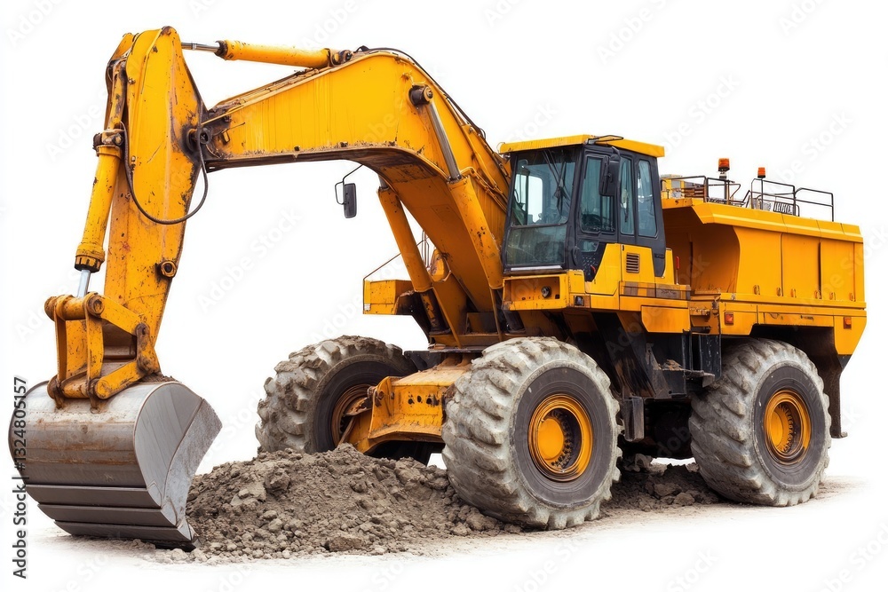 Heavy-duty construction excavator, yellow, powerful, digging Heavy-duty construction excavator, yellow, powerful, digging