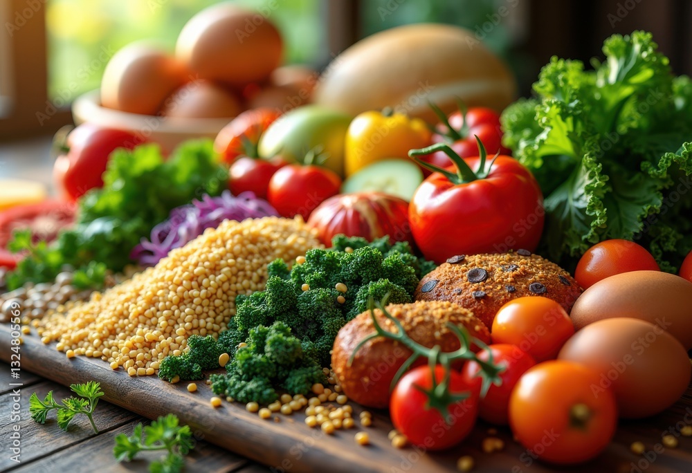 vibrant food layout showcasing colorful nutritional ingredients fresh protein sources inspire healthy eating choices, abundance, appetizing, arrangement vibrant food layout showcasing colorful nutritional ingredients fresh protein sources inspire healthy eating choices, abundance, appetizing, arrangement