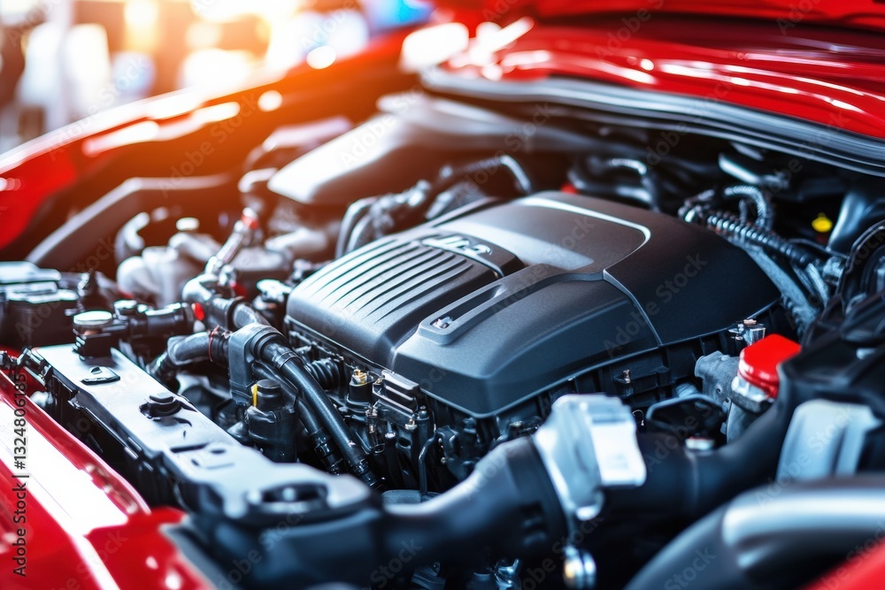 Engine compartment featuring a freshly cleaned and polished car engine with vibrant colors Generative AI Engine compartment featuring a freshly cleaned and polished car engine with vibrant colors Generative AI