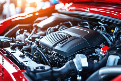 Engine compartment featuring a freshly cleaned and polished car engine with vibrant colors Generative AI