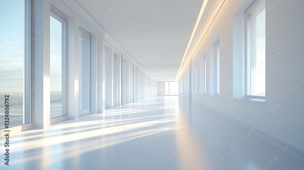 Fototapeta premium Bright Modern Corridor with Large Windows, A bright, modern corridor with large windows and a reflective floor