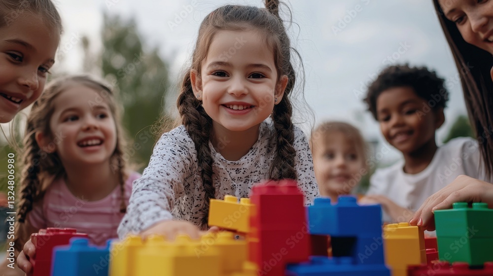 Group of children happily building and playing together with colorful blocks in a park. Their laughter and collaboration create a joyful atmosphere on a sunny day Group of children happily building and playing together with colorful blocks in a park. Their laughter and collaboration create a joyful atmosphere on a sunny day