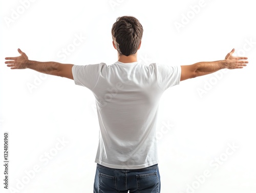 Rear view of a man with his arms wide open, isolated on a white background, in a candid pose, depicting the concept of freedom Generative AI