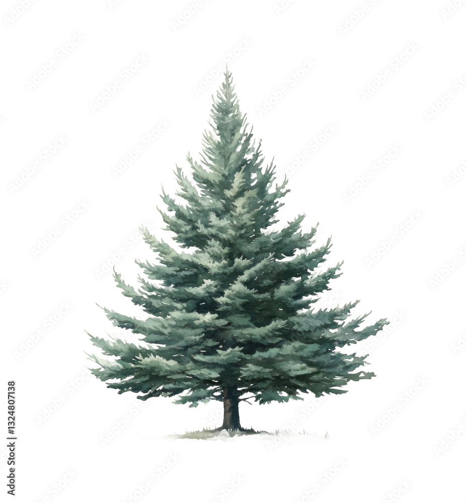 Fototapeta premium Watercolor illustration of a green pine tree on a white background – a natural symbol of eternity and tranquility