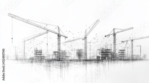 Fototapeta Naklejka Na Ścianę i Meble -  A Construction Site with Lots of Tower Cranes. Low Poly wireframe digital vector illustration. Polygons, lines, particles  and connected dots. Horizontal banner template. 