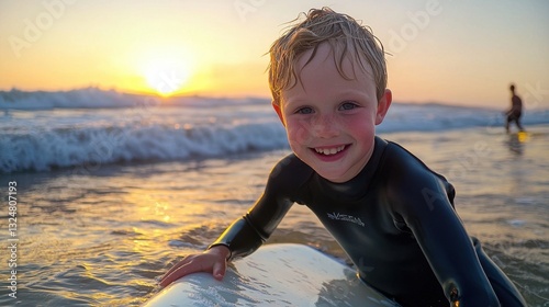 A cheerful young boy in a wetsuit smiles while resting on his surfboard at the beach. The sun sets behind him, casting a warm glow. Waves gently roll in as another surfer rides nearby