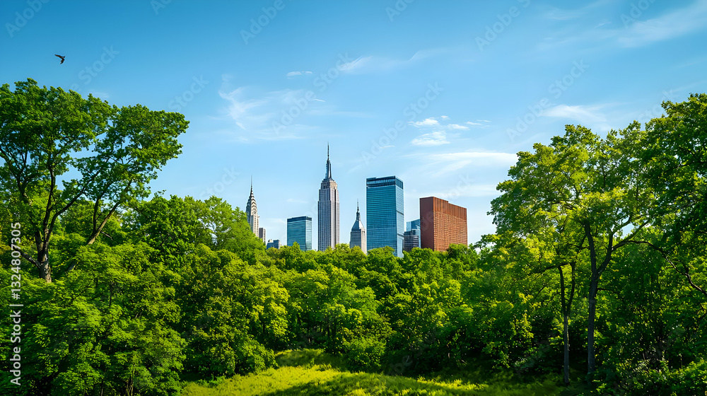 Fototapeta premium New York City Skyline Framed By Lush Green Trees In A City Park On A Sunny Summer Day With Blue Sky
