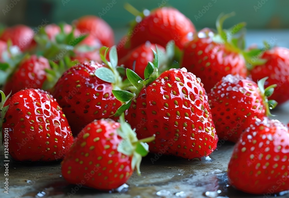 Fresh ripe strawberries with water droplets and sugar crystals