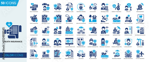 Insurance icon collection set. Health Insurance, Life Coverage, Car Insurance, Insurance claims, Insurance renewal, Car accident icon. Simple flat vector