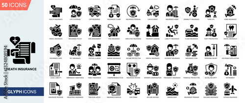 Insurance icon collection set. Health Insurance, Life Coverage, Car Insurance, Insurance claims, Insurance renewal, Car accident icon. Simple glyph vector