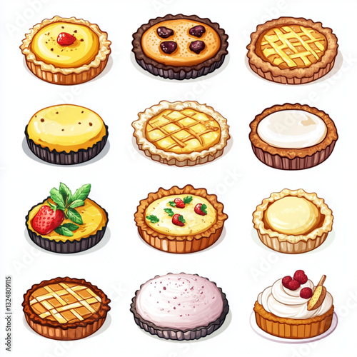 Whimsical Cartoon Pies Sweet Colorful Collection [with spaces]
Desserts, pies, slices, chocolate, lemon, checkerboard, strawberries, whipped cream, sweets, bakery, patisserie, treats, food, illustrati