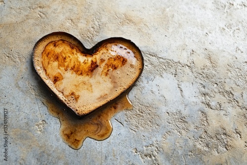 Heart-shaped coffee foam spills on a textured surface, creating a romantic and slightly messy scene.