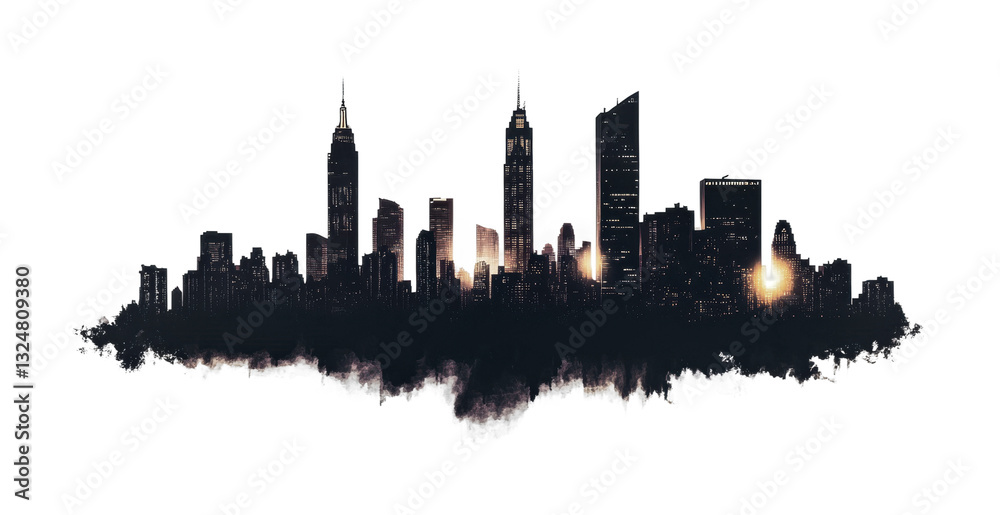 Fototapeta premium Dramatic nighttime skyline with glowing city lights and skyscrapers, cut out