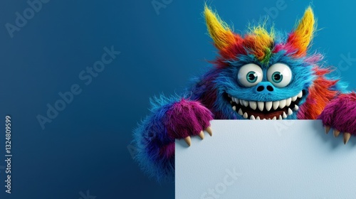 A unique, colorful monster with vibrant fur and a cheerful expression holds up a blank sign. The whimsical creature stands in front of a bright blue background, creating a playful atmosphere