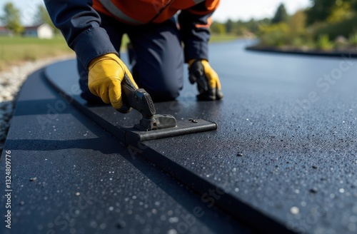 A man takes measurements after laying asphalt pavement to decide whether to put a new road into operation