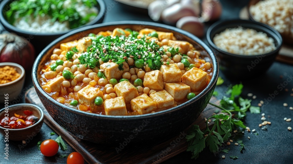 Spicy Tofu and Pea Curry in Bowl, Surrounded by Ingredients and Rice Spicy Tofu and Pea Curry in Bowl, Surrounded by Ingredients and Rice