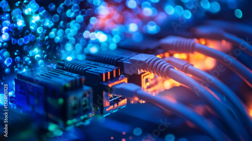 Abstract image of ethernet cables connected in network switches. Vector low poly wireframe looks like constellation. Internet connection, global network information technology concept in dark blue
