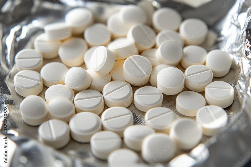 Numerous white circular pills with a dividing line lie on a reflective surface, possibly indicating a medical or pharmaceutical context Numerous white circular pills with a dividing line lie on a reflective surface, possibly indicating a medical or pharmaceutical context