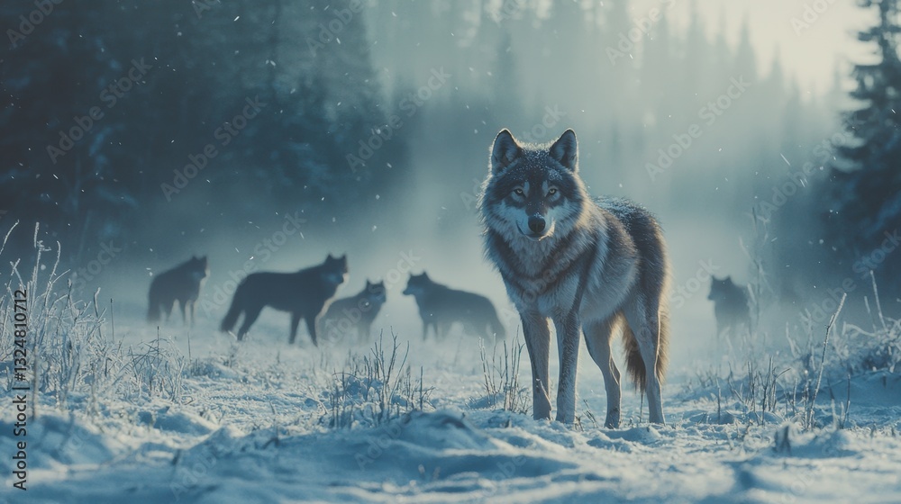 Naklejka premium A pack of wolves moves gracefully through a snow-covered forest in twilight. The foreground features a lone wolf gazing intently, with others blending into the soft, misty background
