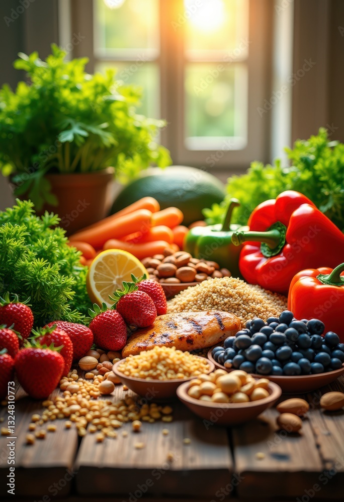 vibrant display nutrient rich food ingredients featuring fresh proteins balanced diet, almond, avocado, banana, beet, berry, broccoli, carrot vibrant display nutrient rich food ingredients featuring fresh proteins balanced diet, almond, avocado, banana, beet, berry, broccoli, carrot