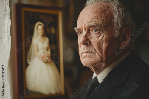 Elderly widower looking at a framed photo of his deceased wife in her wedding dress