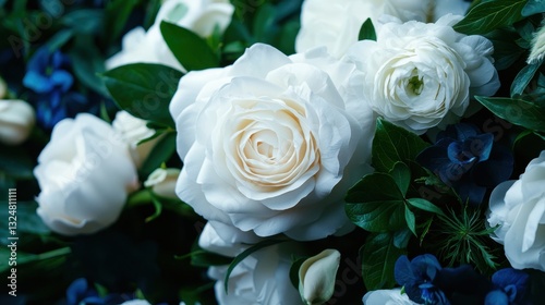 White roses and small blue flowers blend harmoniously amidst abundant green leaves, forming an elegant floral arrangement perfect for any occasion