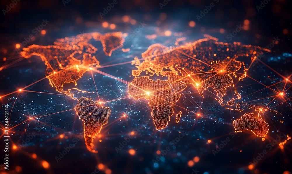 Global network map, world interconnected, vibrant orange glow, possible use in presentations, or stock media Global network map, world interconnected, vibrant orange glow, possible use in presentations, or stock media
