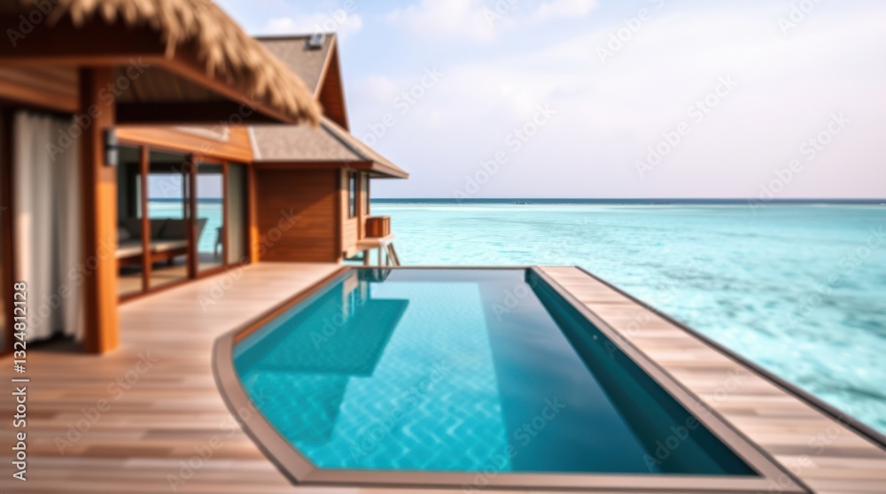 Fototapeta premium Luxury resort with infinity pool blending into the ocean horizon, offering a tropical getaway experience.