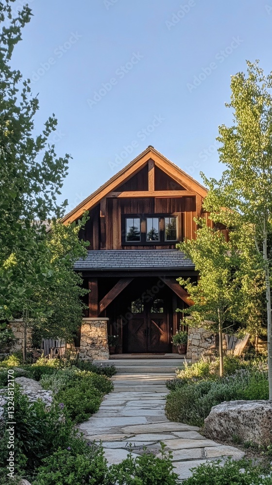 Rustic wooden cabin amidst lush greenery with stone pathway and clear blue sky Rustic wooden cabin amidst lush greenery with stone pathway and clear blue sky