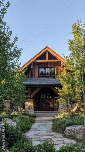 Rustic wooden cabin amidst lush greenery with stone pathway and clear blue sky