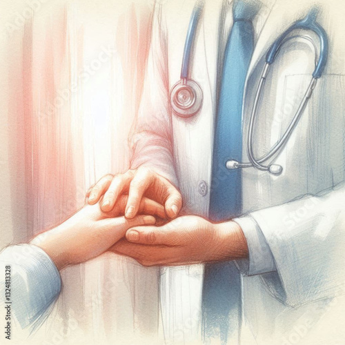 Doctor examining patient’s hand, showing compassion and care, soft illustrative style