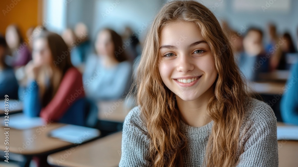 Fototapeta premium Smiling caucasian teen girl in classroom setting