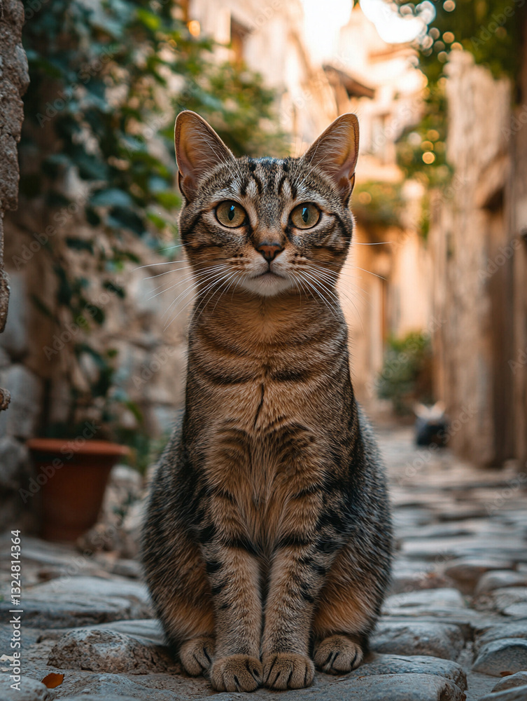Naklejka premium Cat sitting on cobblestone street in a quiet village