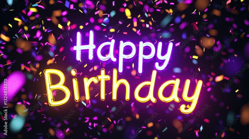 Colorful confetti falls around glowing letters that spell out happy birthday, creating an energetic and celebratory mood perfect for a party or special occasion