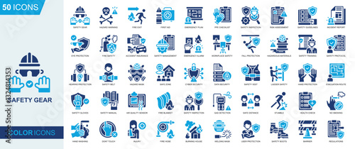 Safety Gear icon collection set. Hazard Warning, Fire Exit, First Aid, Emergency Plan, Safety Inspection, Incident Report icon. Simple flat vector